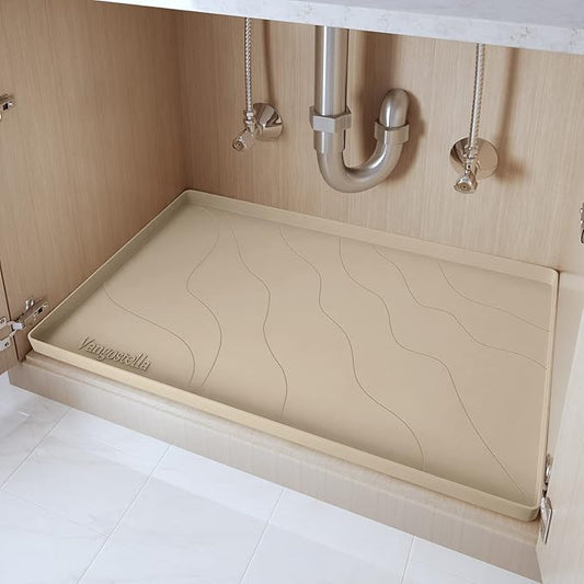 Heavy Duty Silicone Under Sink Mat for Kitchen&Bathroom 28" x 19",Waterproof Under Sink Rubber Mat Drip Tray, Raised Edge Under Sink Liner,Prevent Drips, Leaks, Spills,Beige
