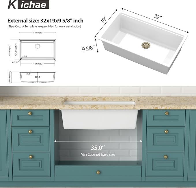 Kichae White Undermount Kitchen Sink 32 inch - 32 x 19 Granite Composite White Undermount Kitchen Sink Quartz Workstation Sinks