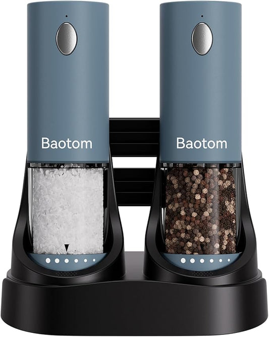 Electric Salt and Pepper Grinder Set with Dual Charging Base, 6 Adjustable Coarseness Levels & External Grind Settings, One-handed Operation Salt and Pepper Mills with LED Light, Blue