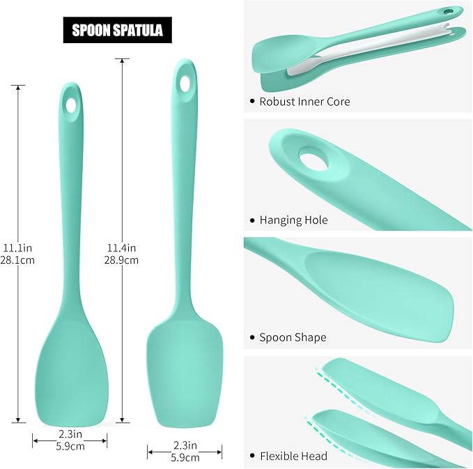 Doosu Silicone Spoon Spatula Set of 2, 600ºF Heat-Resistant Food Grade Rubber Spoonula with Seamless Design, Non-Stick Dishwasher Safe Kitchen Utensils for Cooking, Baking, Mixing, Scraping (Aqua Sky)