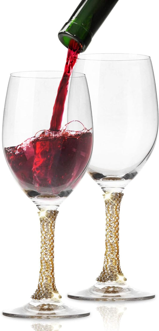Premium Wine Glasses Set of 2 - Crystal Long Stem Wine Glass with Gold Rhinestone Stem Design - 12 oz