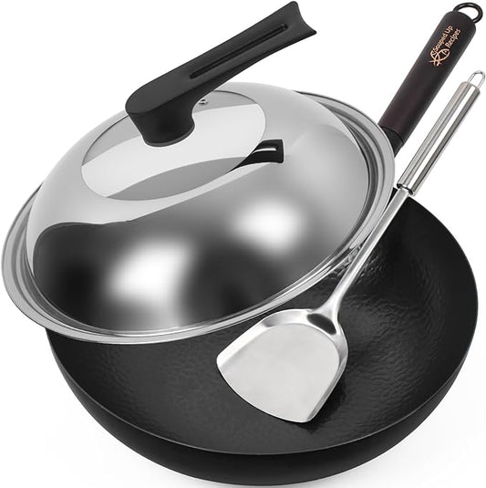12.5 Inch Carbon Steel Wok For Electric, Induction and Gas Stoves (Lid, Spatula and User Guide Video Included)