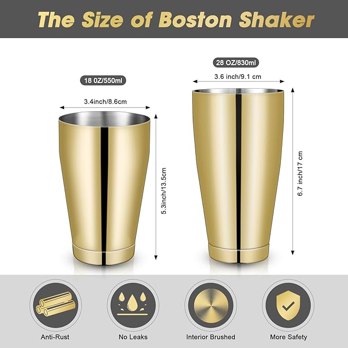 Lallisa 10 Pieces Cocktail Shakers Professional Bar Boston Shaker Set Stainless Steel Martini Shaker Drink Mixer Basic Tools Weighted Shake Metal Can for Bartenders, 18 Oz, 28 oz(Gold)