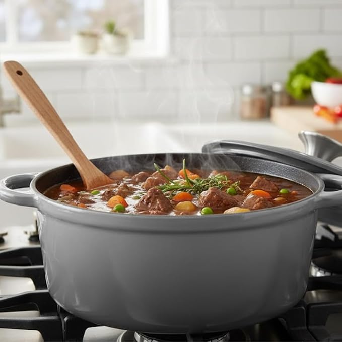 Hamilton Beach 3-Quart Enameled Cast Iron Dutch Oven with Lid | Cream Interior for Even Heat Distribution, Gray