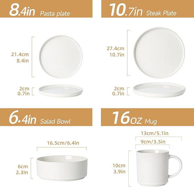 MONITO Ceramic Dinnerware 16 Pieces Dinner Set,Plates Pasta Bowls Cereal Bowls Reactive Change Glaze Dish Sets, Modern Stoneware Dishes,Gift, Creamy white