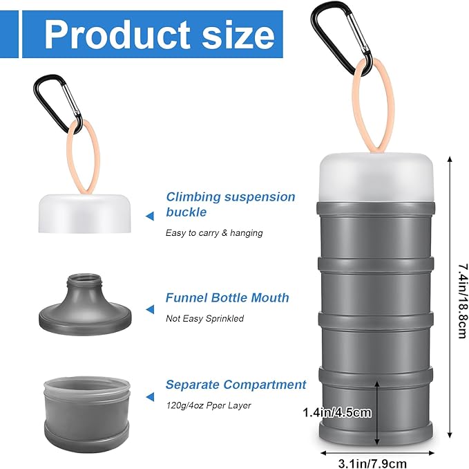 2 Pcs Protein Powder Container with Stackable Design, Portable Dispenser with Keychain, 4-Tier Leakproof Travel Powder Storage for Workout, Fitness, and Travel (Grey White)