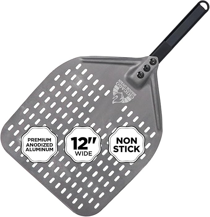 Perforated Pizza Peel - 12"x15" Anodized Aluminum Pizza Steel, 11" Handle, 26" Overall Length - Ideal Pizza Turning Peel for Pizza Oven, Brick Oven, Baking Bread