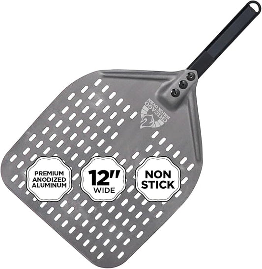 Perforated Pizza Peel - 12"x15" Anodized Aluminum Pizza Steel, 11" Handle, 26" Overall Length - Ideal Pizza Turning Peel for Pizza Oven, Brick Oven, Baking Bread