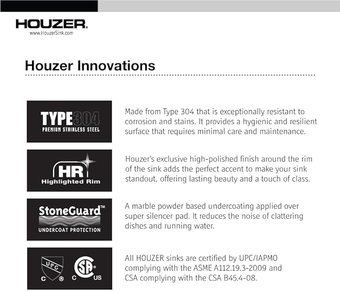 Houzer Glowtone Stainless Steel Kitchen Sink: 25 Inch Drop-in Topmount 3-Hole Single Bowl with Strainer, Durable & Versatile, Essential for Home & Apartment: 2522-8BS3-C