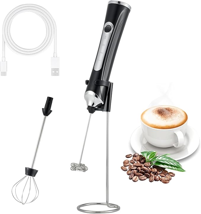 Handheld Electric Milk Frother with 2 Heads, Coffee Whisk Foam Mixer with USB Rechargeable 3 Speeds, Foam Maker Blender for Latte, Cappuccino, Hot Chocolate, Egg (Black with stand)