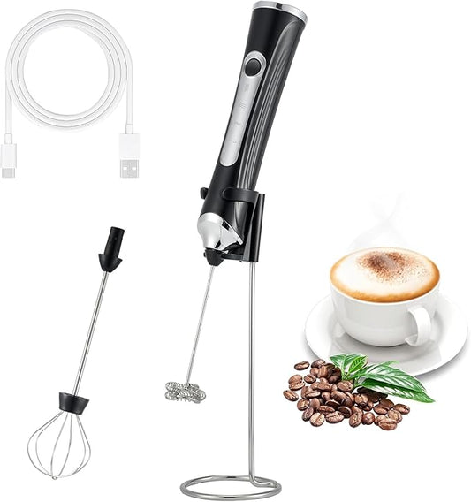 Handheld Electric Milk Frother with 2 Heads, Coffee Whisk Foam Mixer with USB Rechargeable 3 Speeds, Foam Maker Blender for Latte, Cappuccino, Hot Chocolate, Egg (Black with stand)