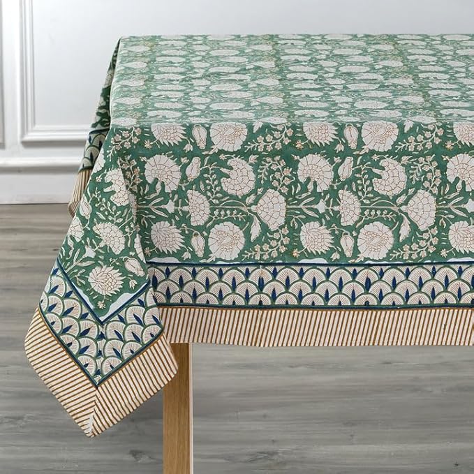 Ridhi -Turquoise Moss Green Cotton Tablecloth, Handblock Print Floral Table Cloth for Kitchen Dining Linen I Thanksgiving, Christmas, Wedding, Fall Décor 6 Seater 60x90 Inches Rectangle