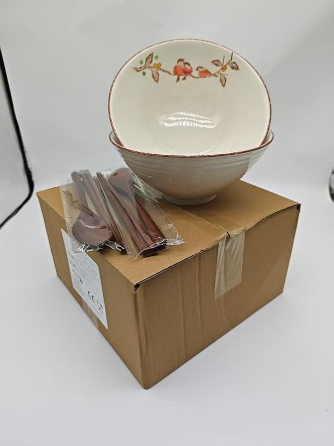 2 x 40 OZ ceramic ramen bowls, 8 IN large Japanese noodle soup bowl, match chopsticks and spoons, suitable for Pho, Udon Asian noodles (Flowers and birds 2 set)