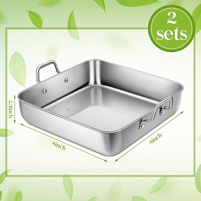 2 Pcs 8" x 8" Square Baking Pan Stainless Steel Cake Pan with Handles Nonstick Brownie Bakeware for Cakes Breads Casseroles Vegetables Dishwasher Safe Birthday Wedding Party