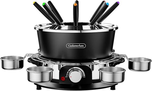 Electric Fondue Pot Set for Chocolate, 1300W Cheese Fondue Set with Multiple Fondue Pots with Adjustable Temperature, 8 Color-Code Fondue Forks, Serve 8 Persons (With 6 plate)