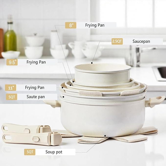 ROVSUN 22 Pcs Nonstick Pots and Pans Set, Cast Aluminum Kitchen Cookware Set with Detachable Handles, RV Kitchen Cooking Set and Utensils, Dishwasher Safe, PFAS PFOA & PFOS Free, Cream White