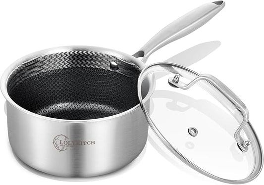 LOLYKITCH 2.5 QT Hybrid Tri-Ply Stainless Steel Non-Stick Saucepan with Lid,Induction Sauce Pot,Dishwasher and Oven Safe.