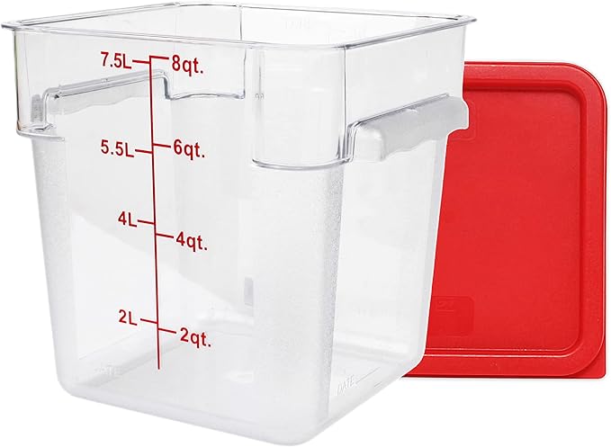 Tiger Chef 4 Pack Food Storage Container with Red Lid Commercial Grade in 8.0 Qt - Square, Clear, Polycarbonate