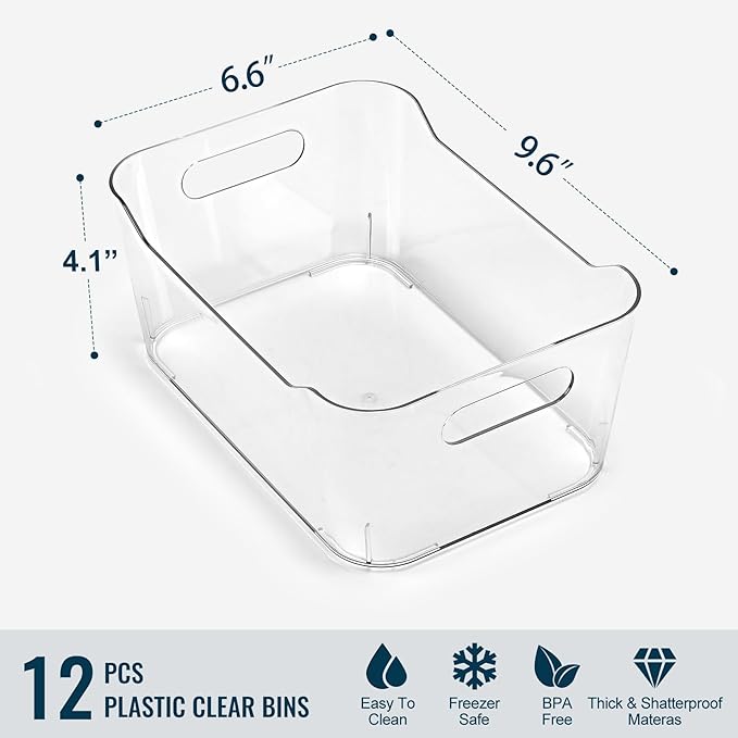 12 PACK Multi-Use Clear Plastic Storage Bins for Organizing w/ Labels - Home, Kitchen, Bathroom, Office, Pantry Cabinet Shelf Organizer Bins - SOHO Collection, RV, Fridge Organization Containers