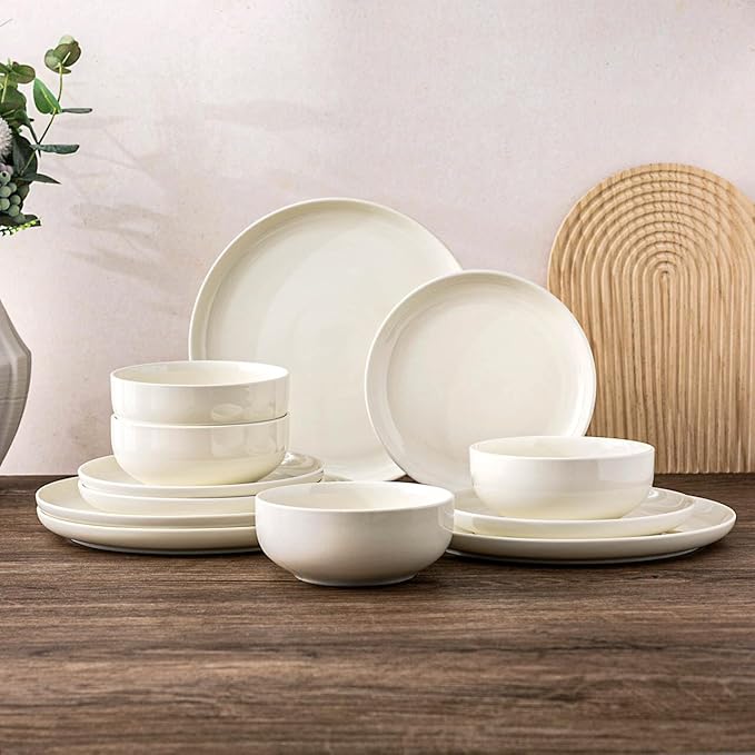AmorArc Ceramic Dinnerware Sets, High Rim Stoneware Plates and Bowls Sets, Highly Chip and Crack Resistant | Dishwasher & Microwave & Oven Safe Dishes set, Service for 4 (12pc)