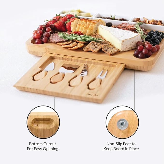 Home Euphoria Large Bamboo Charcuterie Board and Knife Set - Cheese Board with Bowls, Beautiful Gift for Mom