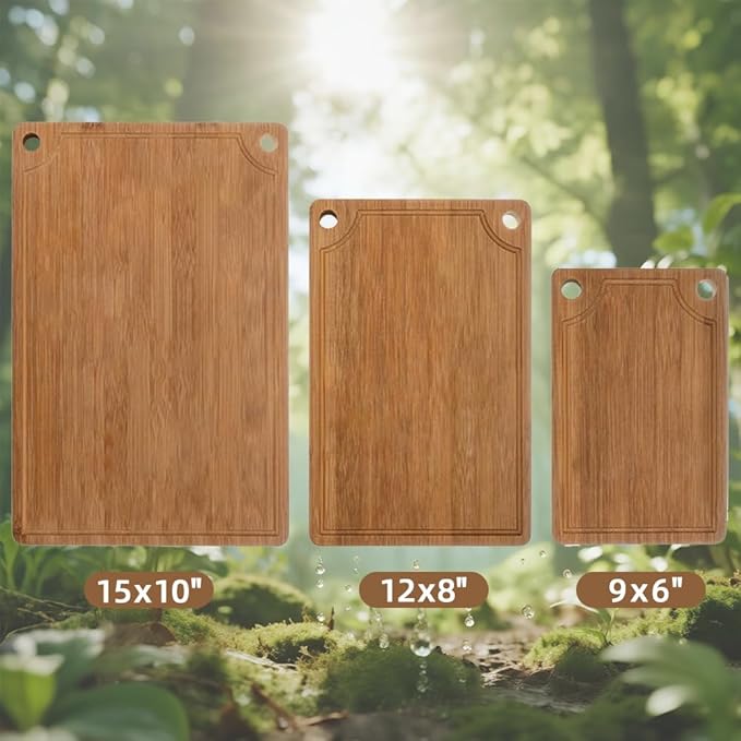 ICEDOG-3-Piece Bamboo Cutting Board Set - Reversible with Juice Groove, Non-Slip Pads - for Meat, Vegetables, Cheese - Pre-Oiled Natural Wood - Kitchen Gift (Brown)