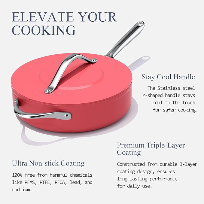 Nonstick Ceramic Sauté Pan with Lid (4.5 qt, 11") Deep Frying Pan for All Cooktops Non Toxic Skillet PTFE/PFAS Free Dishwasher & Oven Safe up to 500°F w/Stainless Steel Handle, Fusion Red