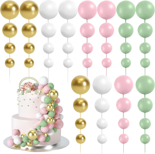 48 Pcs Balls Cake Topper Decorations Balloon Cupcake Toppers Foam Cake Topper Balls Cake Balls Decorations for Birthday Party Wedding Cake Decorating(Green,Pink,White,Gold)