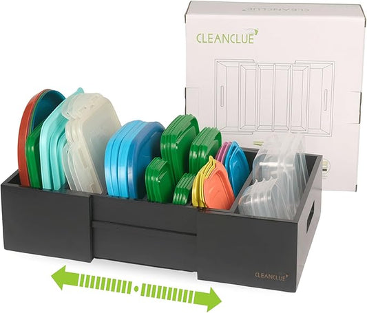 Expandable Kitchen Cabinet Organizer for Food Storage Container Lids, Bamboo Drawer Caddy Adjustable Dividers, Box for Kitchen Storage and Organization, Lids Organizer for Cabinet (Black)