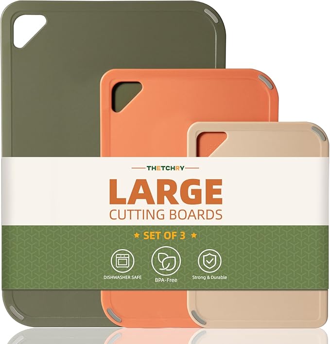 Plastic Cutting Board Set,Cutting Boards for Kitchen BPA Free, Large-Small Chopping Boards Set of 3 Non-Slip for Cooking Camping Dishwasher Safe, Reversible, with Grip Handle, 15"×10"×0.6"