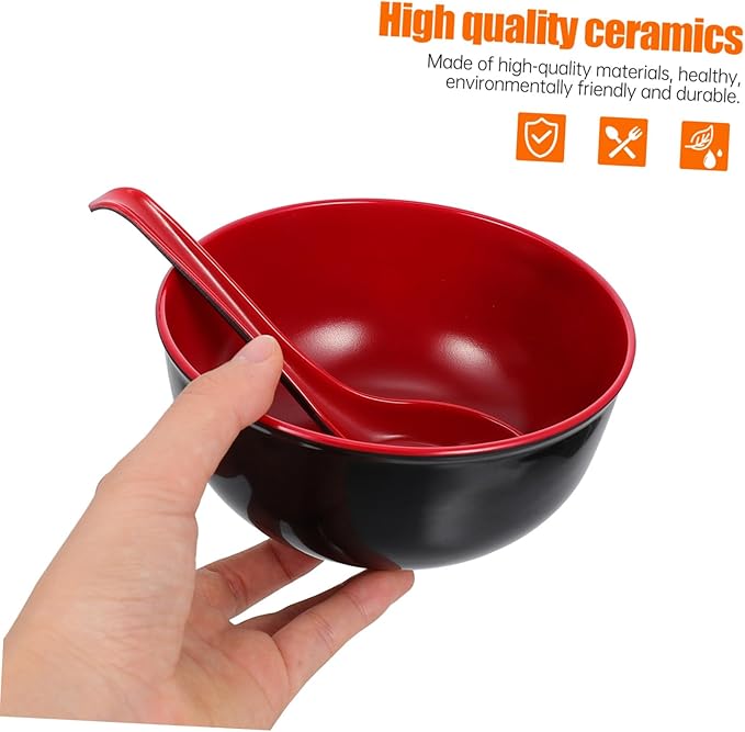 Practical Melamine Ramen Bowls with Dual-color Spoons Black and Red Sturdy Asian Soup Bowls for Rice Noodles Salad Easy to Clean for Family Meals and