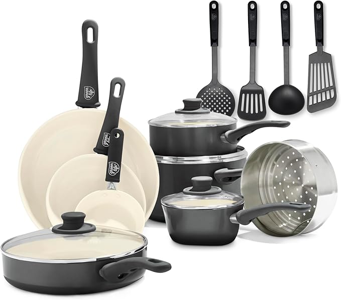 GreenLife 16 Piece Nonstick Cookware Set, Soft Grip Non-Toxic PFAS-Free Ceramic Pots & Pans, Dishwasher & Oven Safe, Frying, Sauce, Utensils, Glass Lids, Stay-Cool Handles, Wobble Free, Black & Cream