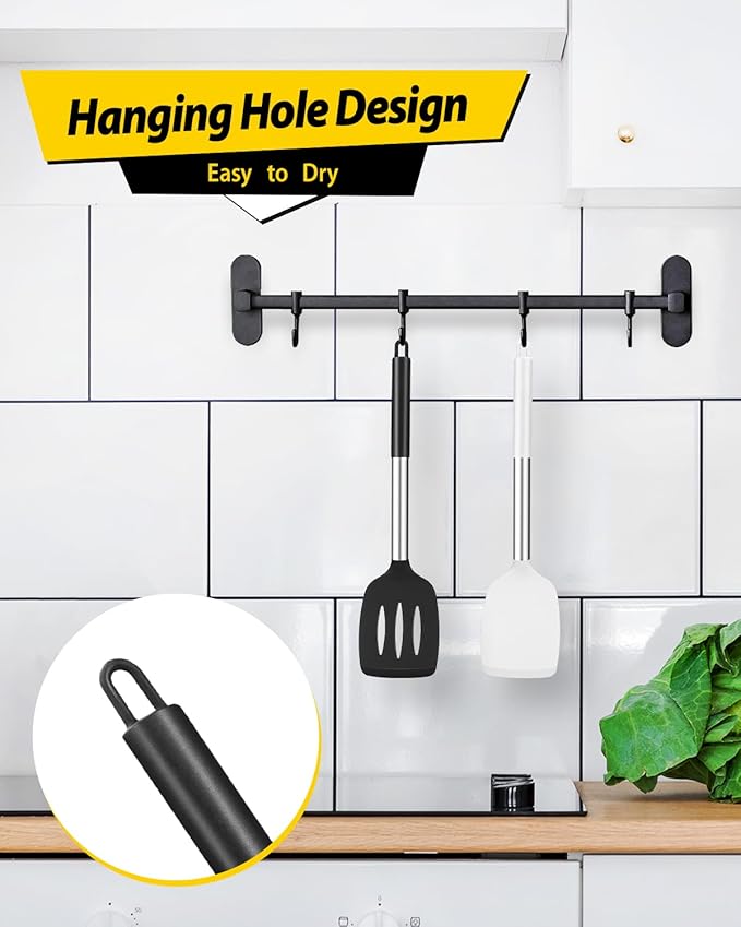 Pack of 2 Silicone Solid Turner, Non Stick Slotted Kitchen Spatulas, High Heat Resistant BPA Free Cooking Utensils, Ideal Cookware for Fish, Eggs, Pancakes(Black-White)