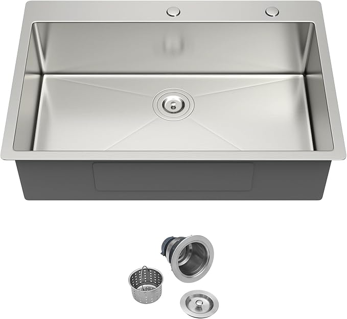 33 x 22 Drop In Kitchen Sink - 33 Inch Topmount Kitchen Sinks Stainless Steel 16 Gauge Single Bowl Above Counter Handmade Basin with Offset Drainer