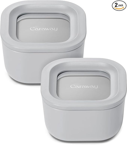 Caraway 2pc Glass Food Storage Set - 1.75 Cup Food Containers (2) - Non-Toxic Ceramic-Coated Glass - Air Release Technology - Compact & Stackable Design - Gray