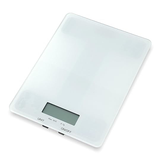 Glass Platform Digital Kitchen Scale - for Food Coffee Lab - LCD Display gram Ounces lb:oz fl.oz ml - 11 LB/5 KG Capacity - Battery Included - White by The Display Guys
