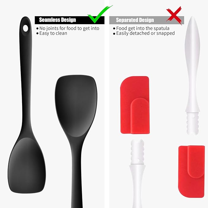 Doosu Silicone Spoon Spatula, 600ºF Heat-Resistant Food Grade Rubber Spoonula with Seamless Design, Non-Stick Flexible Scraper Kitchen Cooking Spoon Baking Tool for Mixing, Scraping (Black)