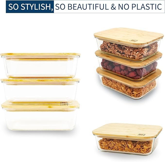 DE Plastic-Free Glass Storage Containers (3-Pack, 51oz) with Bamboo Lids – Eco-Friendly, Airtight, Reusable – Oven, Microwave & Dishwasher Safe – BPA-Free & Sustainable.