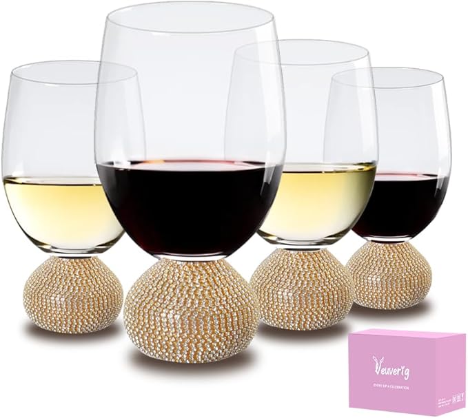Wine Glasses Set of 4,Stemless Wine Glass,Unbreakable Crystal Fancy Glasses,15 Oz Short Handle Red/White Glasses,Unique Wine Gifts for Women,for Home Bar, Party, Birthday (Gold Clear)