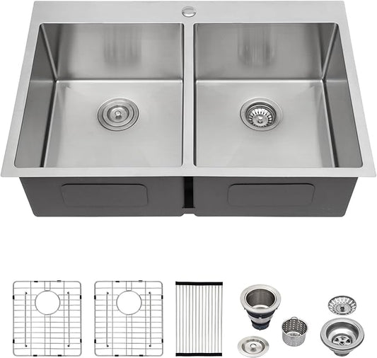 Logmey 33x22 Stainless Steel 50/50 Double Bowl Drop In Kitchen Sink - 16 Gauge Topmount, 33x22x9 Inches