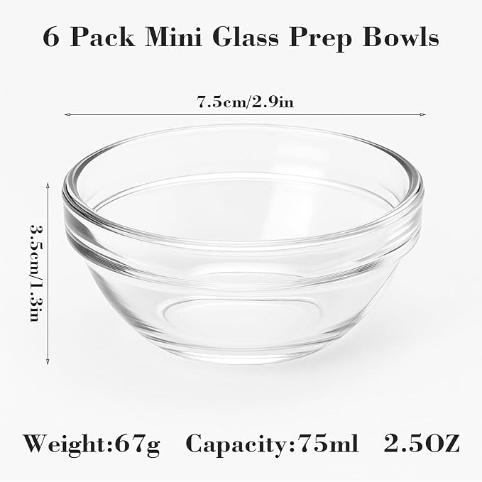 6 Pack Mini Glass Prep Bowls - 2.5 oz Small Ramekins for Condiments, Dipping Sauces, Kitchen Organization