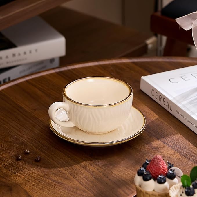 Vintage Design 12 oz Ceramic Latte Art Cappuccino Barista Cup with Saucer (Wave Beige)