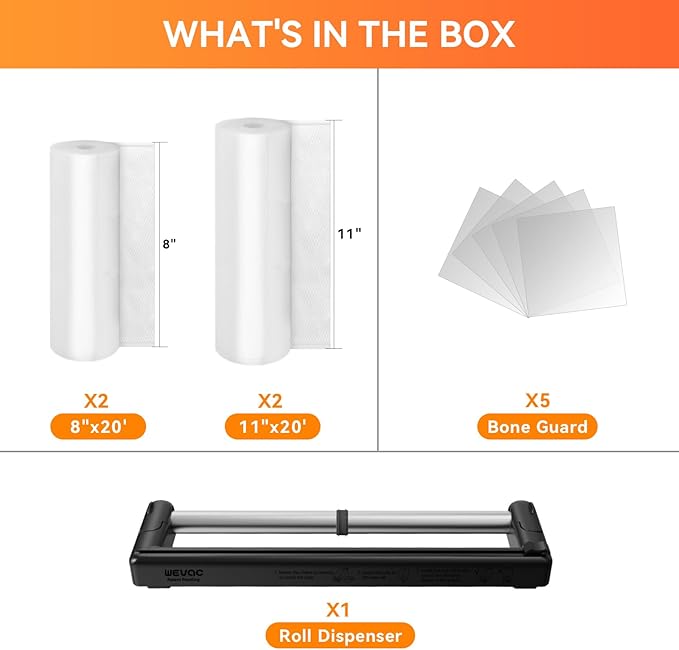 Rolls with Dispenser - 4 Pack 2 Rolls 8"x20' & 2 Rolls 11"x20', Vacuum Sealer Bags, Leakproof Heavy Duty Food Storage for Sous Vide, Meal Prep, Freezer, Compatible with Food Saver, Wevac Core