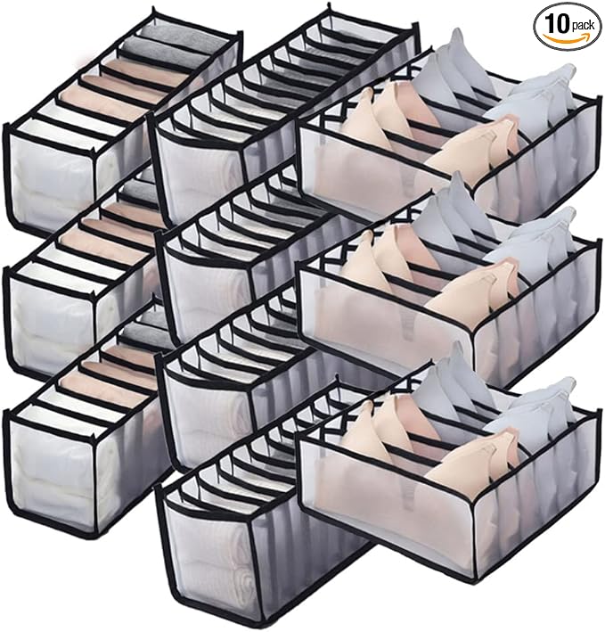 HSLFUAI 10 Pack Wardrobe Clothes Organizer for Bra, Underwear, Sock, Tie Transparent Mesh Drawer Clothes Storage, Women Underwear Storage Compartment Box