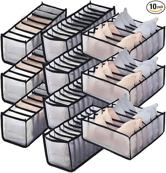 HSLFUAI 10 Pack Wardrobe Clothes Organizer for Bra, Underwear, Sock, Tie Transparent Mesh Drawer Clothes Storage, Women Underwear Storage Compartment Box
