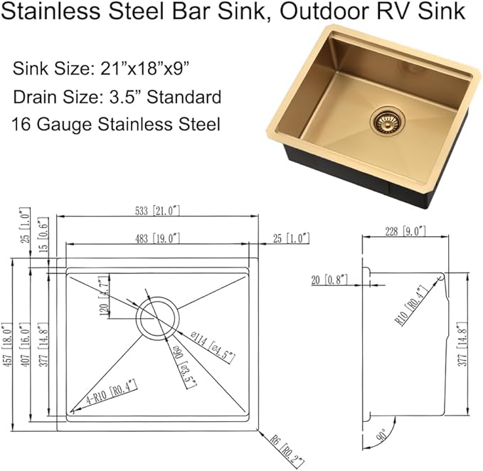Small Gold Kitchen Sink, 21 x 18 Inch Gold Wet Bar Prep Undermount Kitchen Sink Workstation 16 Gauge Stainless Steel Single Bowl Basin
