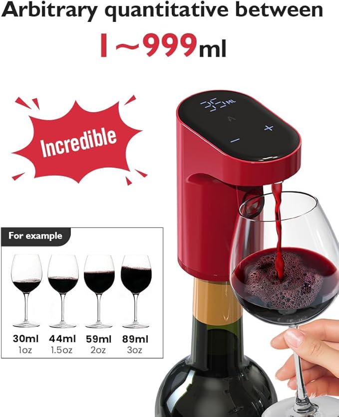 Smart Digital Wine Dispenser & Electric Aerator with Auto Stop, 1-999ML Quantitative Pour & Hands-Free Sensor for Wine, Whiskey, Spirits - Ideal Gift for Men, Dad, Him, Wine Enthusiasts (Red)