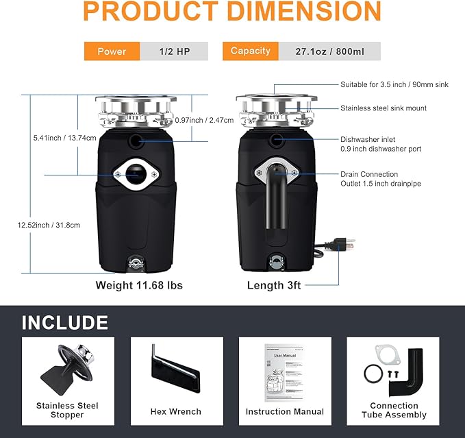 Garbage Disposal 1/2 HP for Kitchen sink Quiet with Power Cord, Easy install, Food Waste Disposer Stainless Steel Grind 0.5 Horsepower (A400)