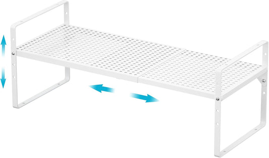 iPEGTOP Expandable Cabinet Storage Shelf Organizer Rack, Heavy Duty Stackable Steel Metal Spice Rack Adjustable Height Pantry Garage Shelf for Counter Kitchen Organization, White - 1 Pack