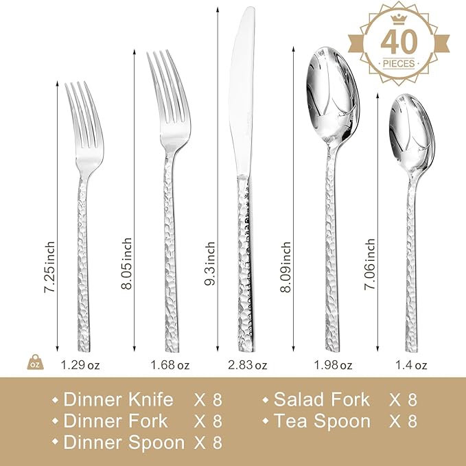 KINGSTONE 40 Piece Hammered Silverware Set, 18/10 Stainless Steel Flatware Set for 8, Cutlery Set for Home, Party, Wedding, Mirror Polished Dishwasher Safe